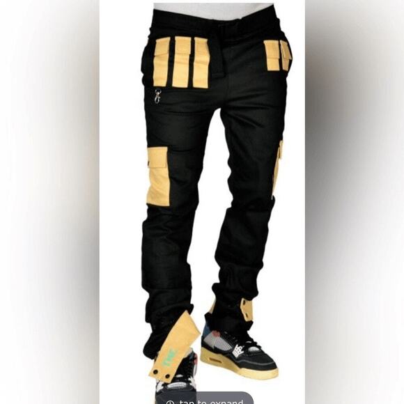 The Hideout Clothing Black Yellow Technical Cargo Pants Joggers Size S NEW - Picture 2 of 11